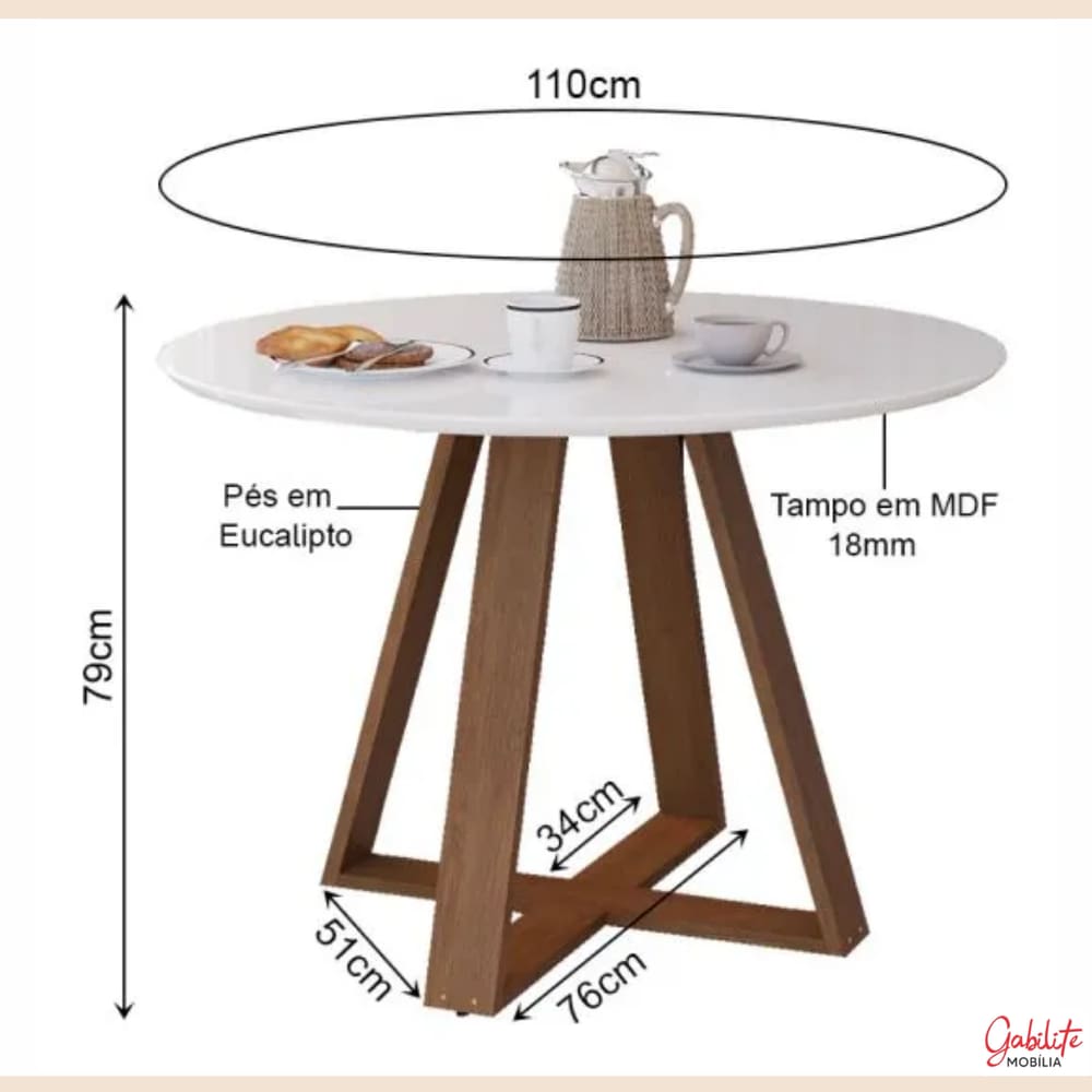 Mesa De Jantar Redonda Branca Livia Moderna 110cm Pés Madeira