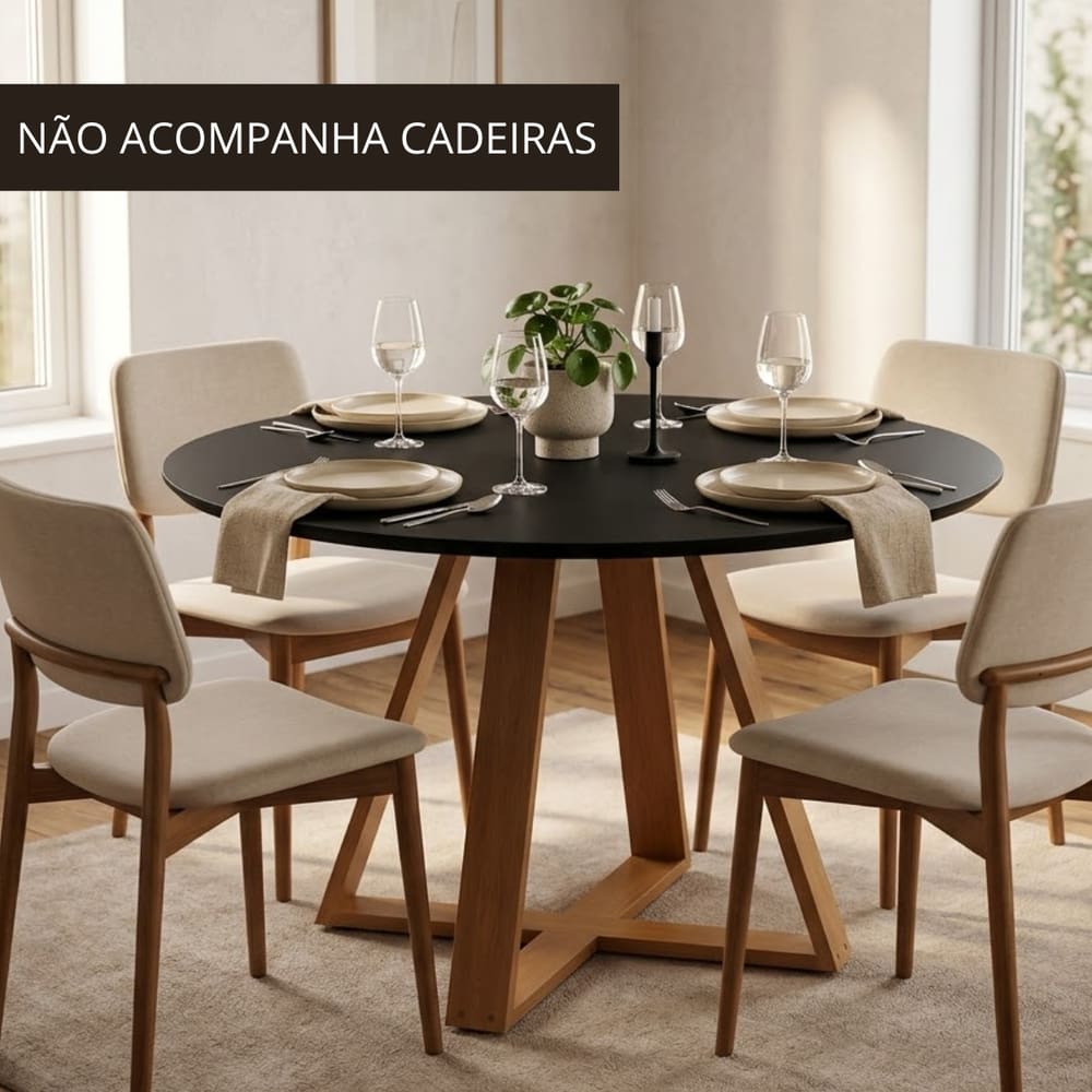 Mesa De Jantar Redonda Preta Moderna Livia 110cm Pés Madeira