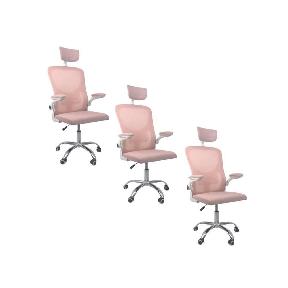 Kit 3 Cadeiras De Escritório Diretor Oficial Vegas Com Apoio Rosa Branco