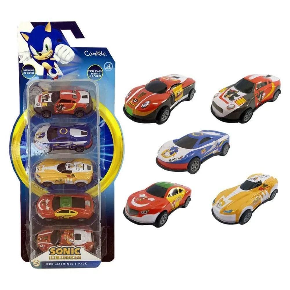 Kit com 5 Mini Carrinhos de Metal Pull Back Sonic - Candide