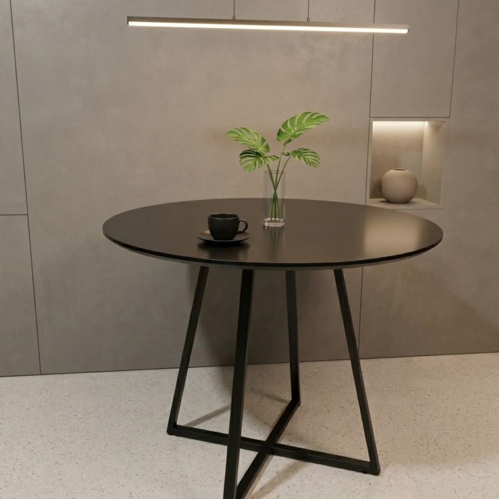 Mesa Redonda Preta Moderna Laís Tampo Mdf Base De Ferro 90cm