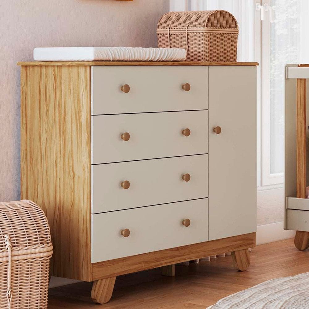 Comoda Infantil 4 Gavetas 1 Porta em MDF Pingo Moveis Peroba