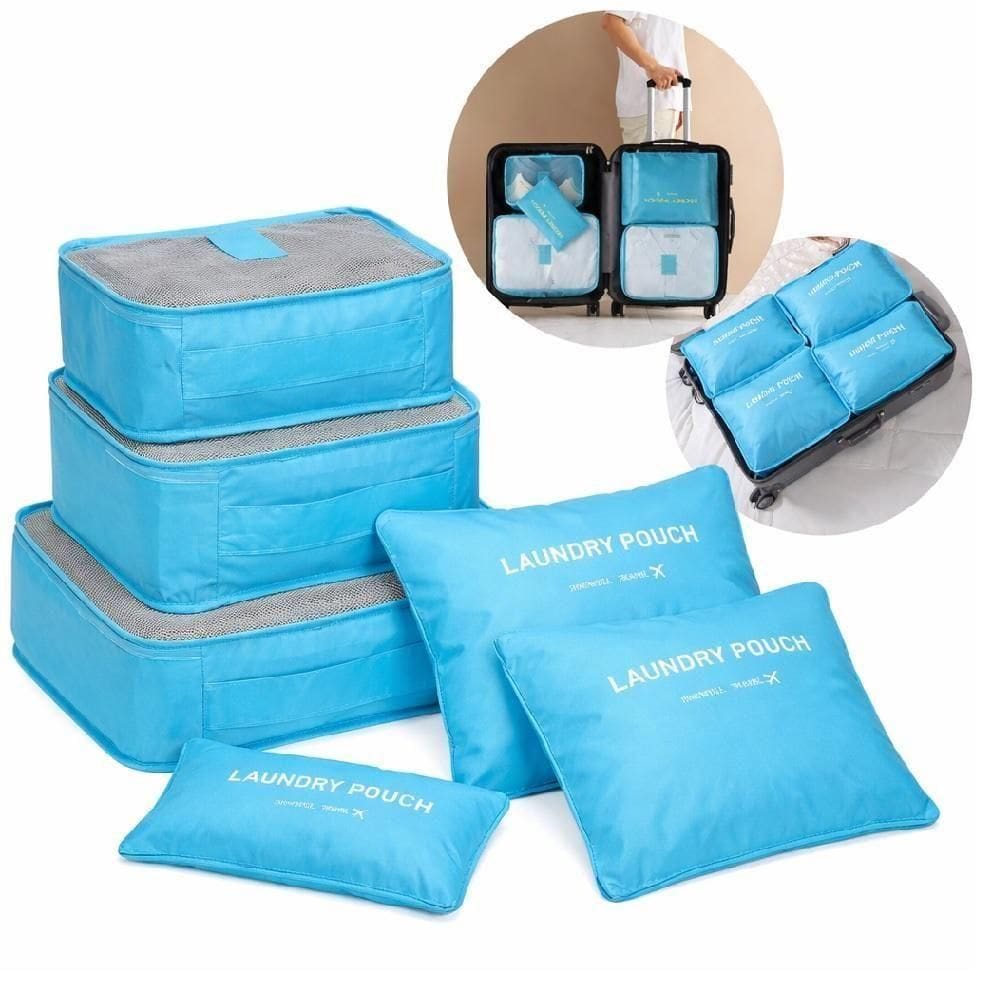 Jogo Organizador De Malas 6 Peças Azul Kit Bolsa Viagem Necessaire Porta Roupas Sapato Calcinha Biquini Acessorios Ziper