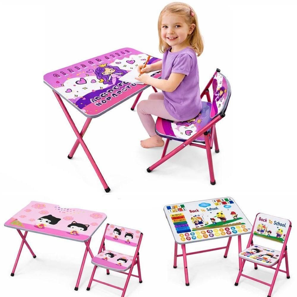 Mesa Infantil Rosa Com Cadeira Dobravel Kit Mesinha Educativa Didatica Em Metal Estudos Lanche Crianca Meninas