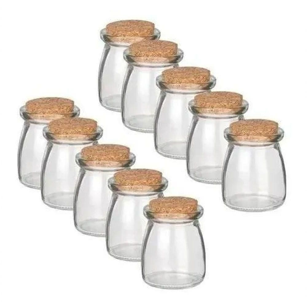 Kit 10 Potes para Temperos 110ML Vidro com Tampa Rolha Cortiça Transparente Aquilae