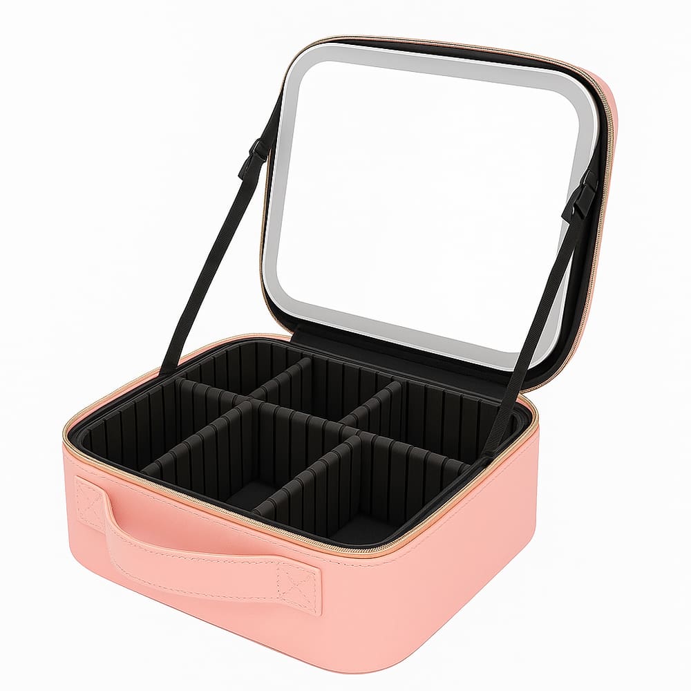Maleta de Maquiagem com Espelho LED Rosa.
