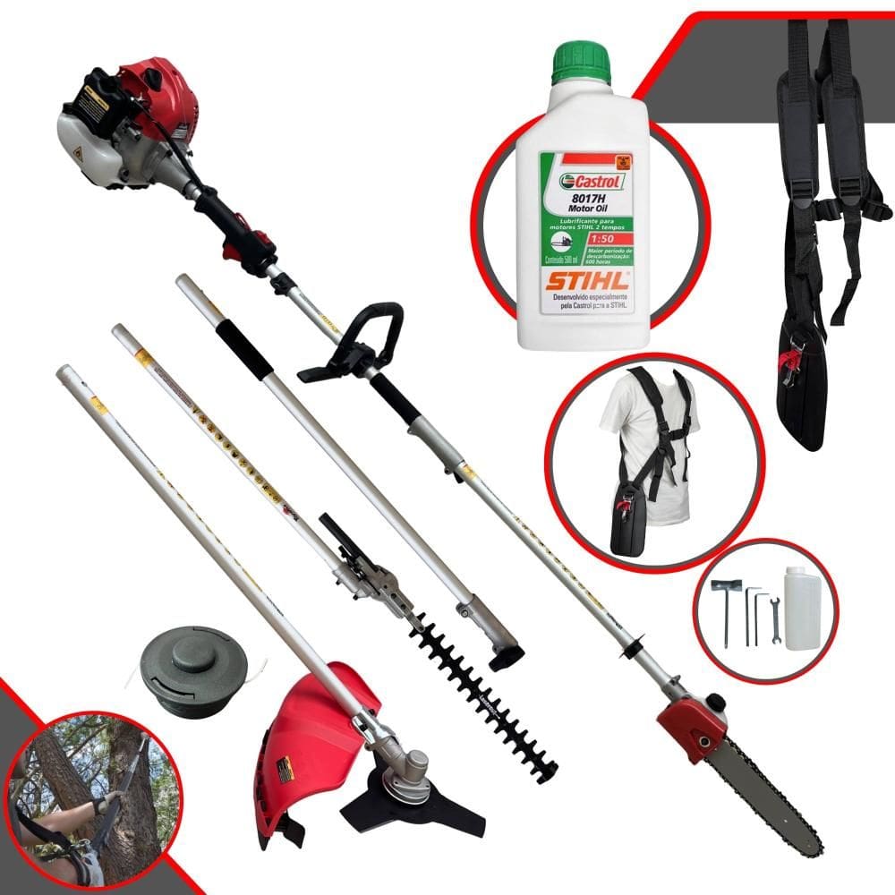 Motopoda Bipartido Toyama TBC43MT 43cc 1,8HP Com Alcance Aproximado de 5 Metros de Altura Carretel + Faca 3 Pontas + Sabre 10” + Extensor + ÓLEO STIHL