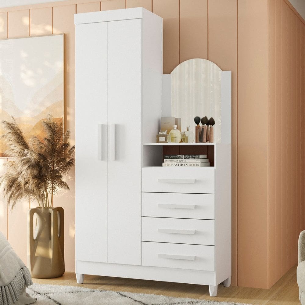 Guarda Roupa Solteiro Flex com Espelho 2 Portas com Comoda 3 Gavetas e Pes New Capri Albatroz