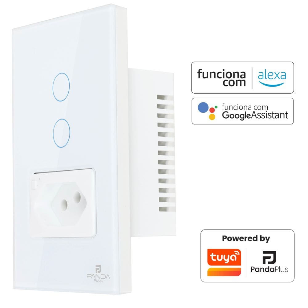 Interruptor Inteligente Wi-fi 2 Botões Touch 1 Tomada 16A Bivolt Smartlife Tuya Panda Plus Alexa Google Comando Voz