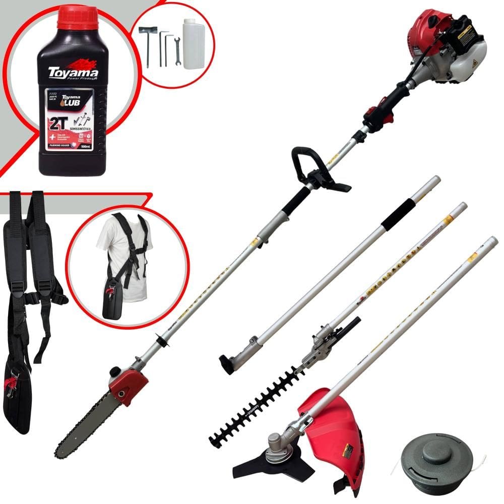 Motopoda Bipartido Toyama TBC43MT 43cc 1,8HP C/ Alcance Aproximado de 5 Metros de Altura Carretel + Faca 3 Pontas + Sabre 10” + Extensor + ÓLEO TOYAMA