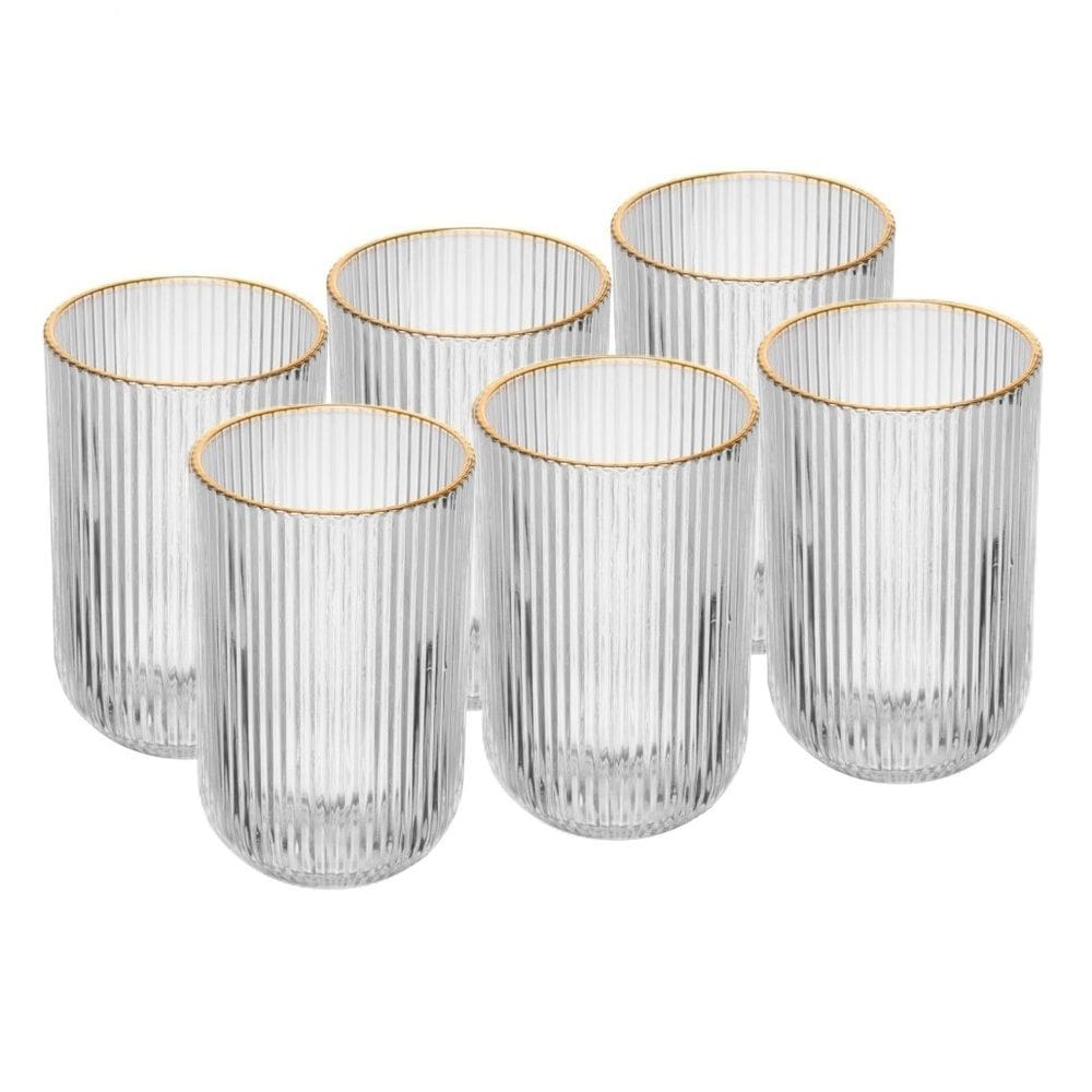 Cj 6 Copos Altos de Vidro Transparente C/Fio de Ouro Lines 430ml Wolff