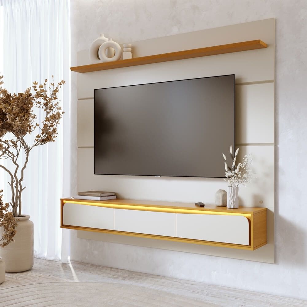 Painel Home Suspenso Tahiti com Led para Tv até 65 Polegadas Off White Matte Naturale Colibri