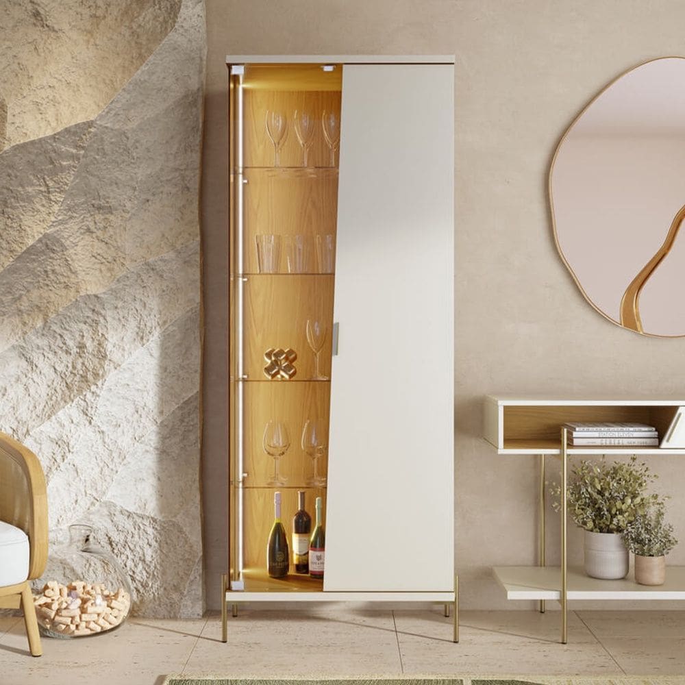 Cristaleira 2 Portas Sena Pés de Metal com Vidro e Led Off White Matte Freijó Colibri