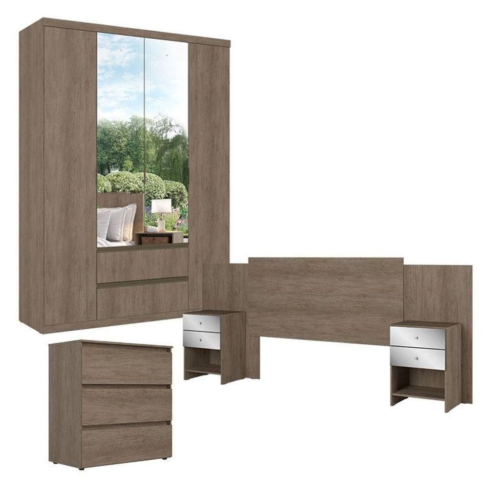 Guarda Roupa Solteiro Nobre Glass 4 PortasComCômoda Gaveteiro Condessa E Cabeceira Formosa Glass Rustic Acetinado- Thb