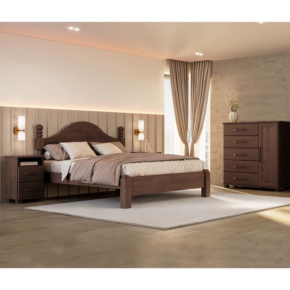 Conjunto Quarto Ouro Café: Cama Queen, Cômoda Sapateira e 2 Mesas Cabeceiras Madeira Pinus