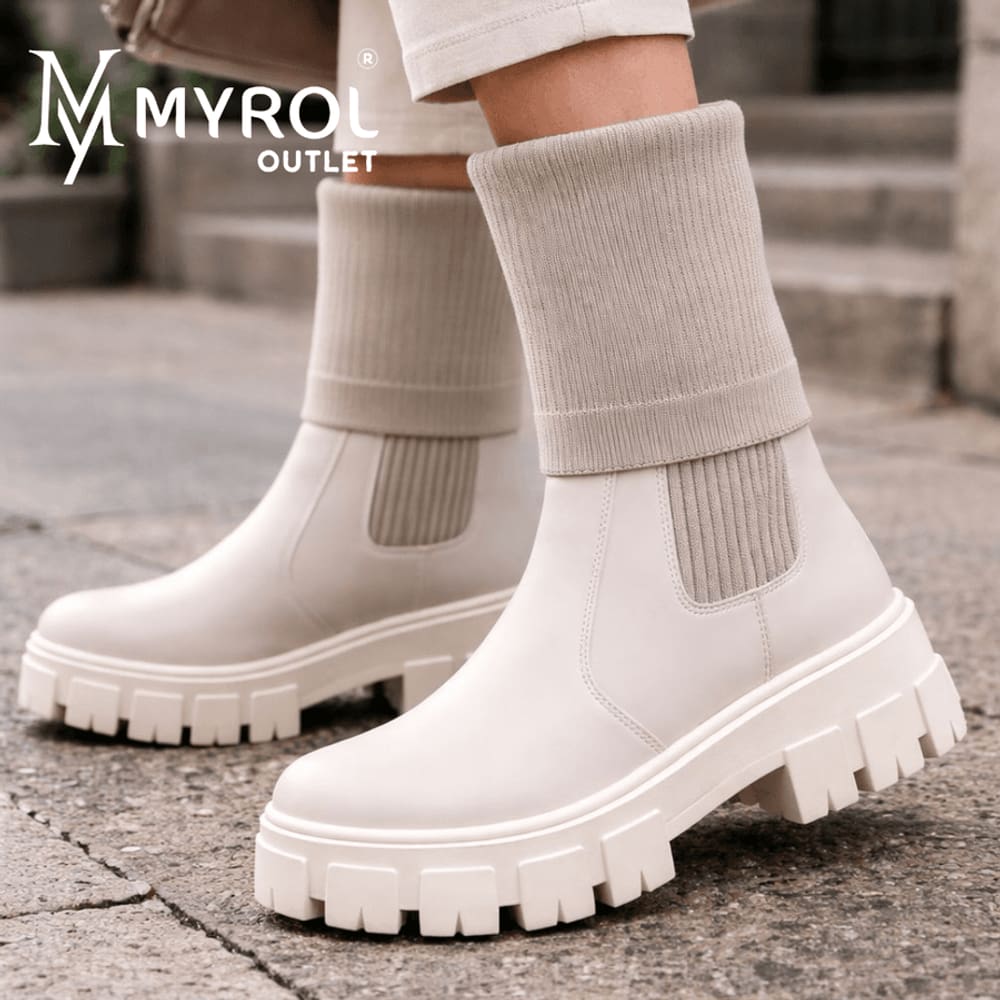 Bota Coturno Meia Cano Medio E Longo Confortavel Off White