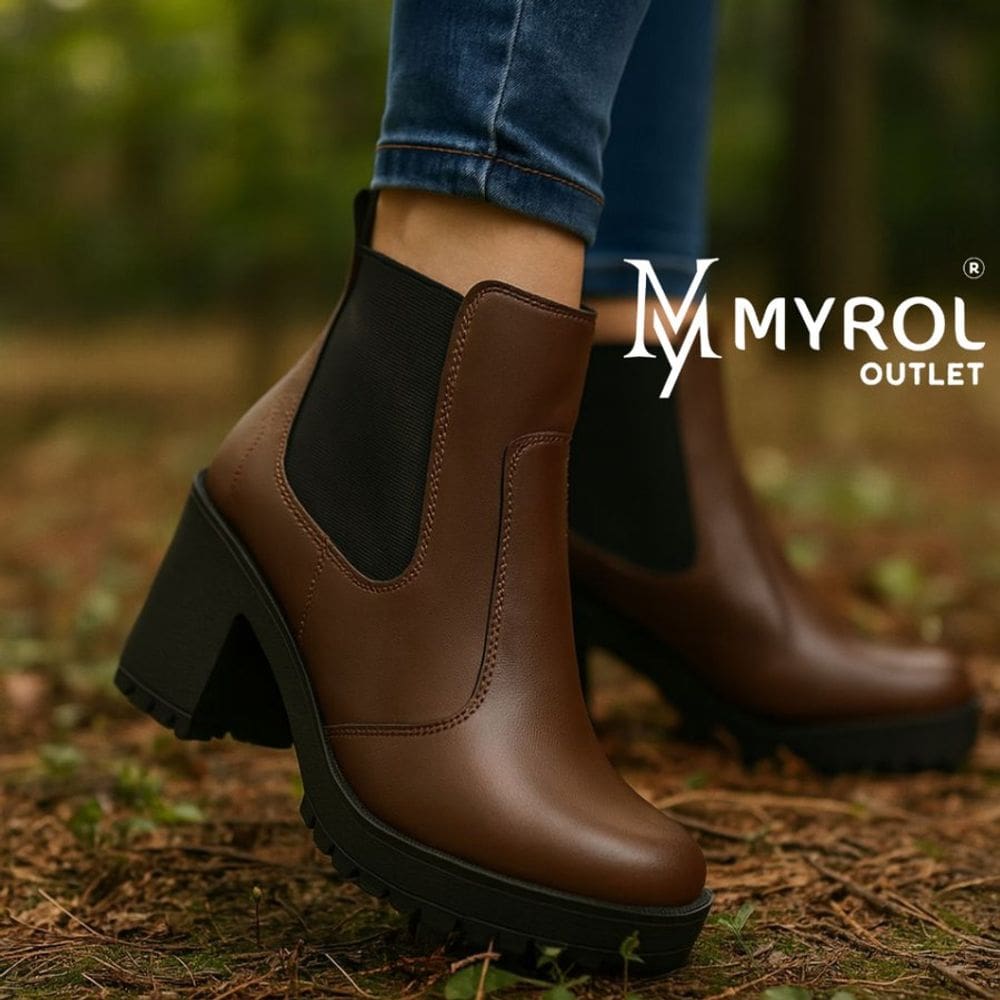 Bota Coturno Salto Medio Tratorada Elastico Marrom