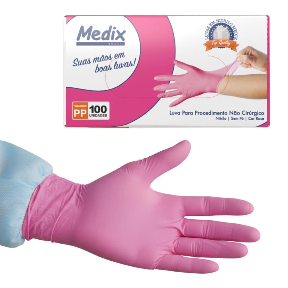 Luva de Procedimento Rosa Nitrilo Descartável Sem Pó Não Cirúrgico 100un Medix
