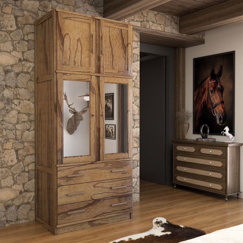 Guarda-Roupa Solteiro Rústico 4 Portas 3 Gavetas Madeira Maciça com Espelho Castanho - Panorama Móveis