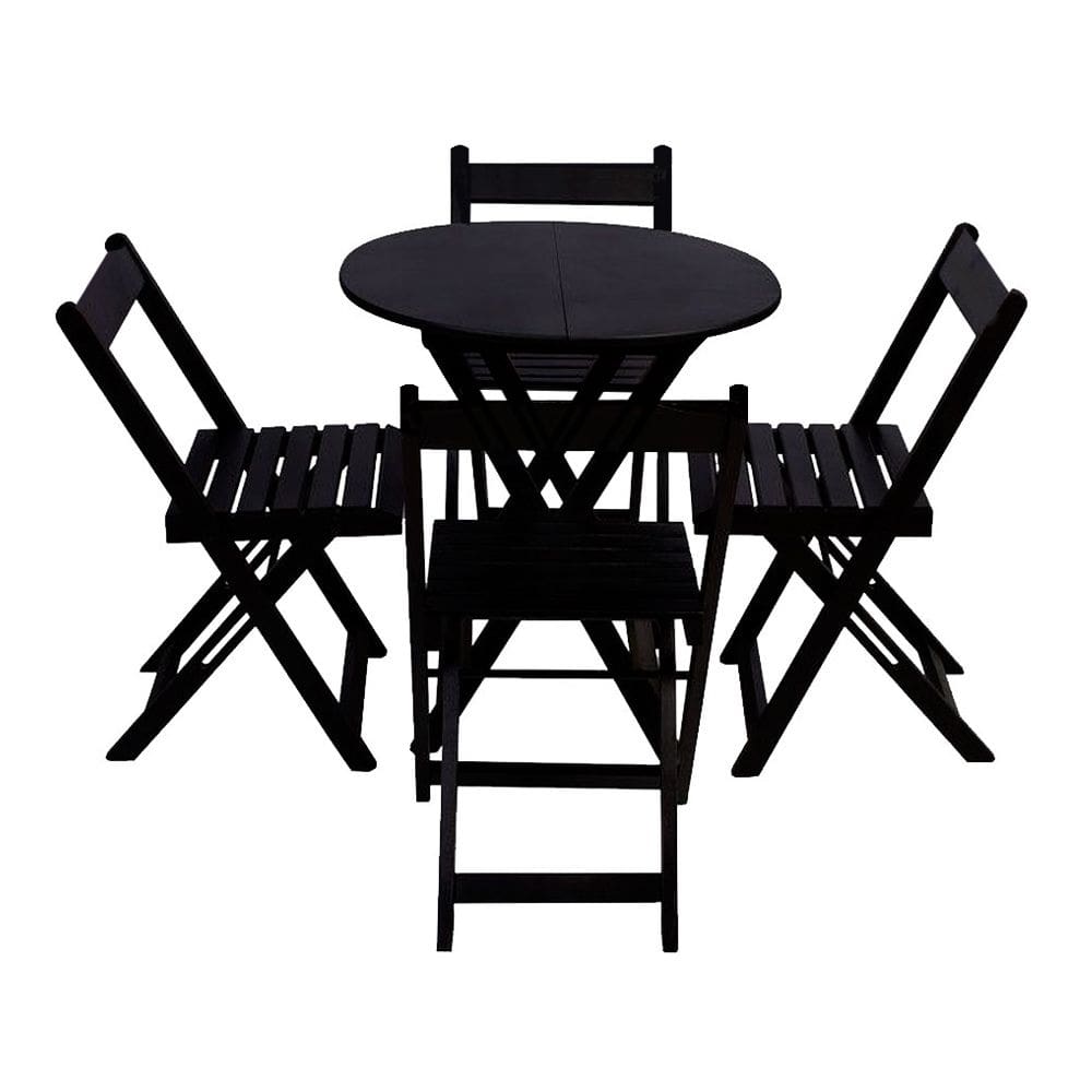 Conjunto Mesa de Madeira 70cm Redonda Dobrável com 4 Cadeiras Prática para Varanda e Gourmet - Preto