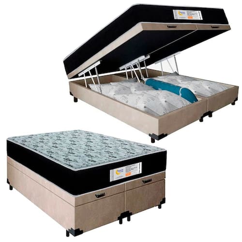Cama Box Baú Queen Bipartido Suede + Colchão Molas Ensacadas SerenePrime Sonnolux 158x198x69 Bege