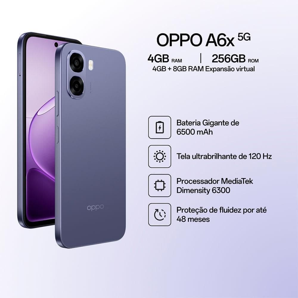 Celular OPPO A6X 5G Roxo, 256GB, | Casas Bahia