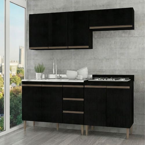 Armário de Cozinha Compacta Modulada 200cm 4 peças Milão Menu Móveis Preto - Preto