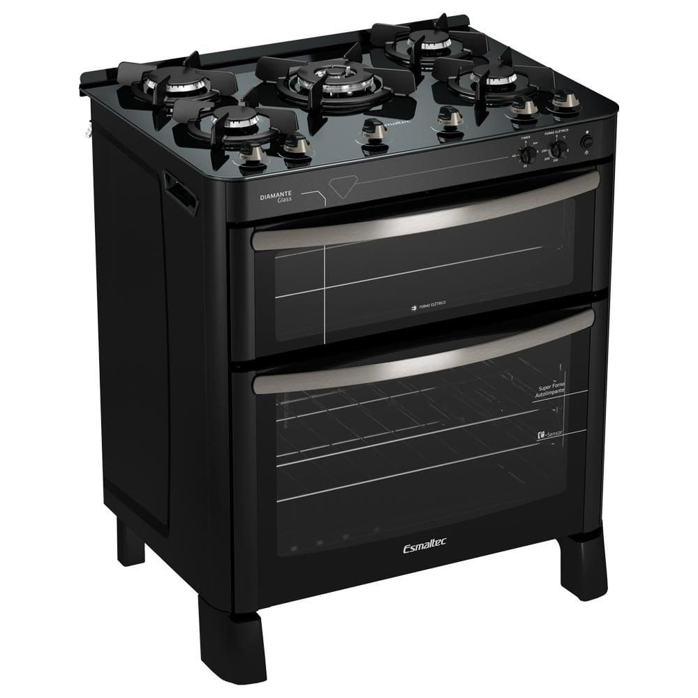 Fogão 5 Bocas Esmaltec Diamante Glass Preto Mesa em Vidro - 220v - 5094
