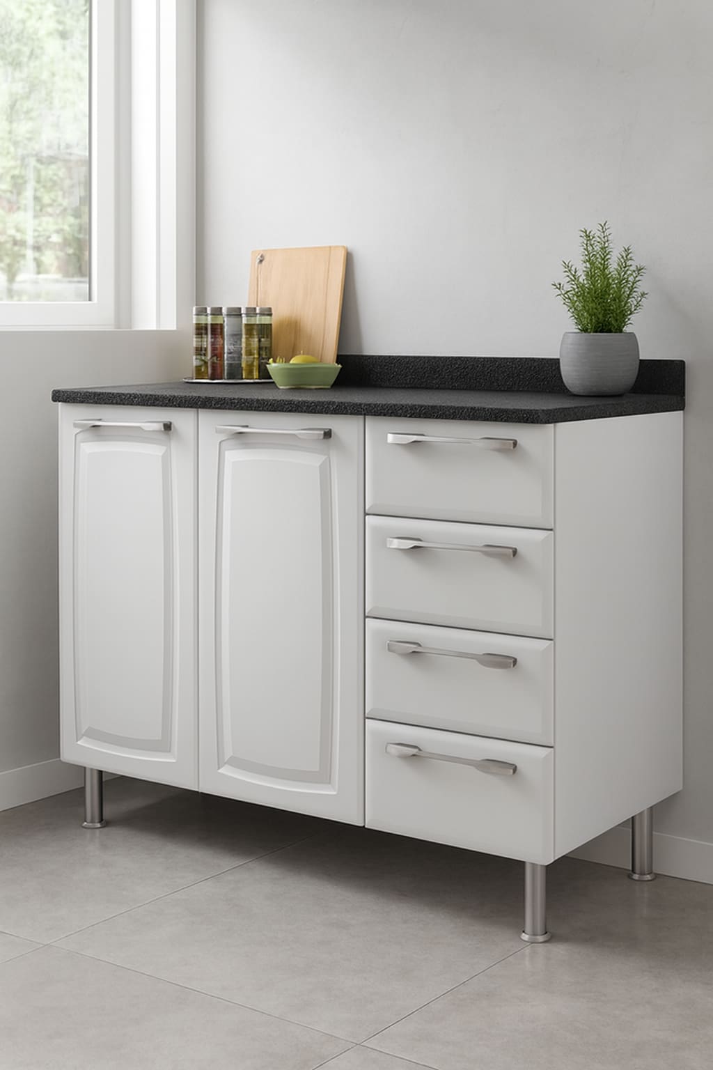 Bancada Itatiaia Diamante 2 Portas de Bater 4 Gavetas 1 Prateleira Interna com Tampo Aço - 105cm de Largura