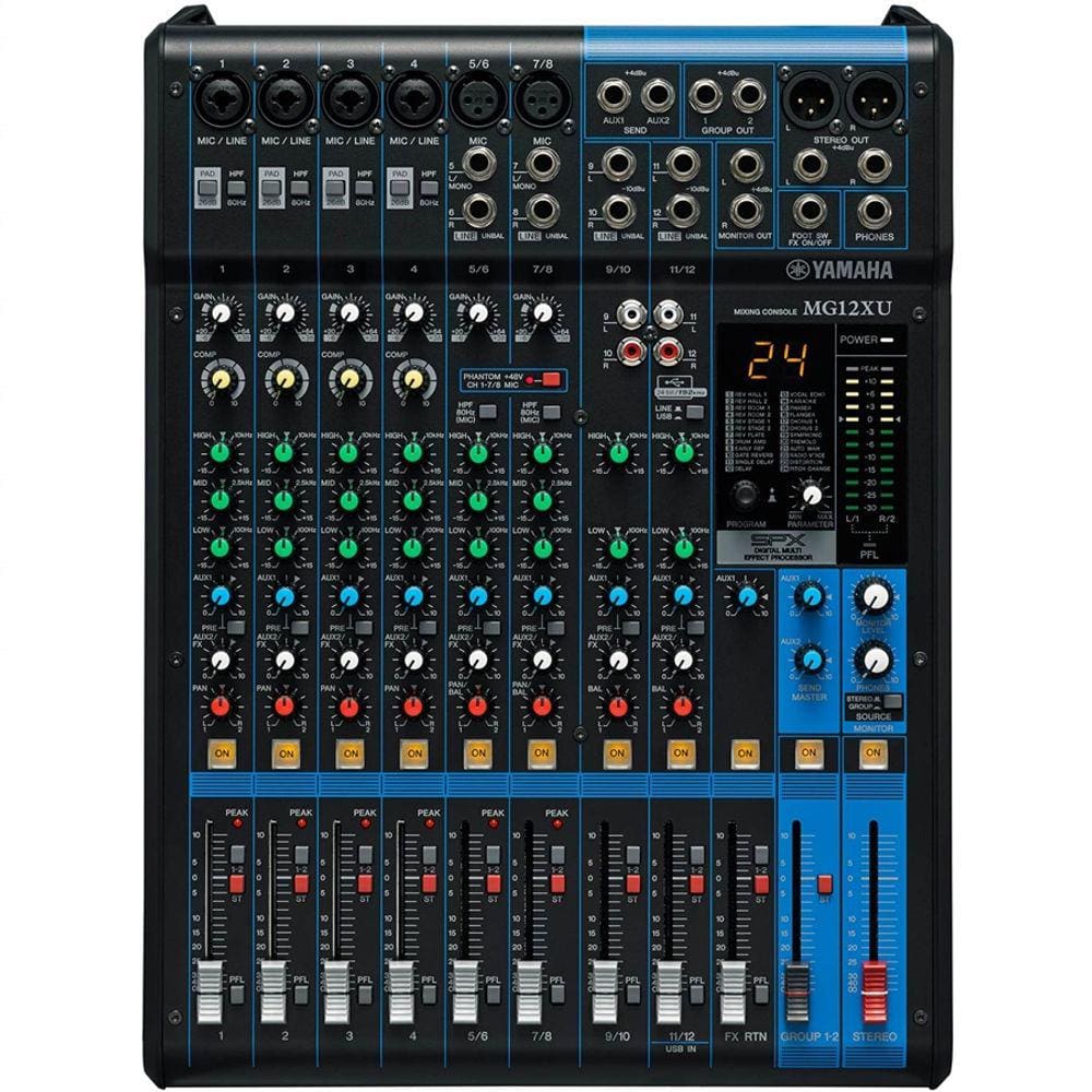 Mesa de Som 12 Canais (6 XLR Balanceadas + 6 P10 Desbalanceadas) com Efeito / Phantom / 2 Auxiliares - MG 12 X U Yamaha
