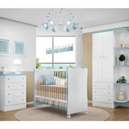 Quarto Infantil Doce Sonho Branco Azul Qmovi Menor preço em Quarto Infantil Doce Sonho Branco Azul Qmovi