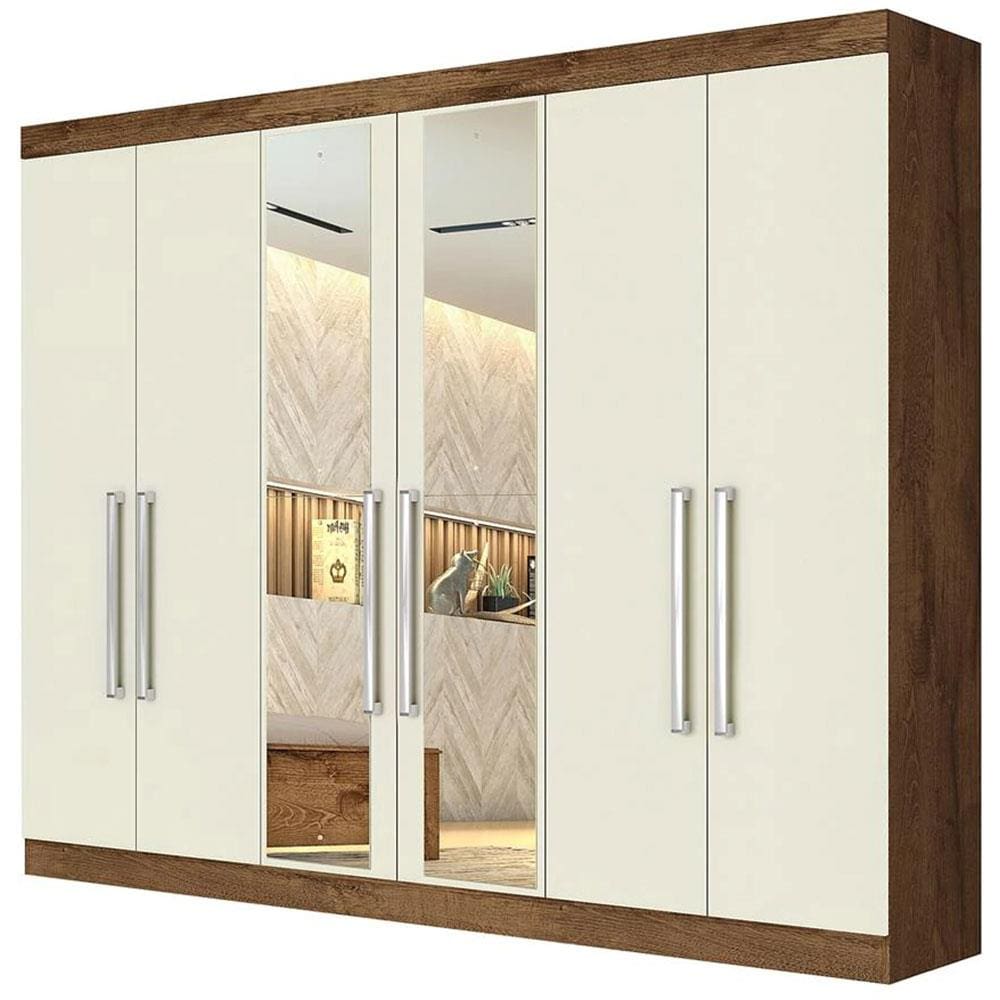 Guarda-Roupa Casal Mademarques Alba com Espelho, 6 Portas e 4 Gavetas - Brauna/Off White