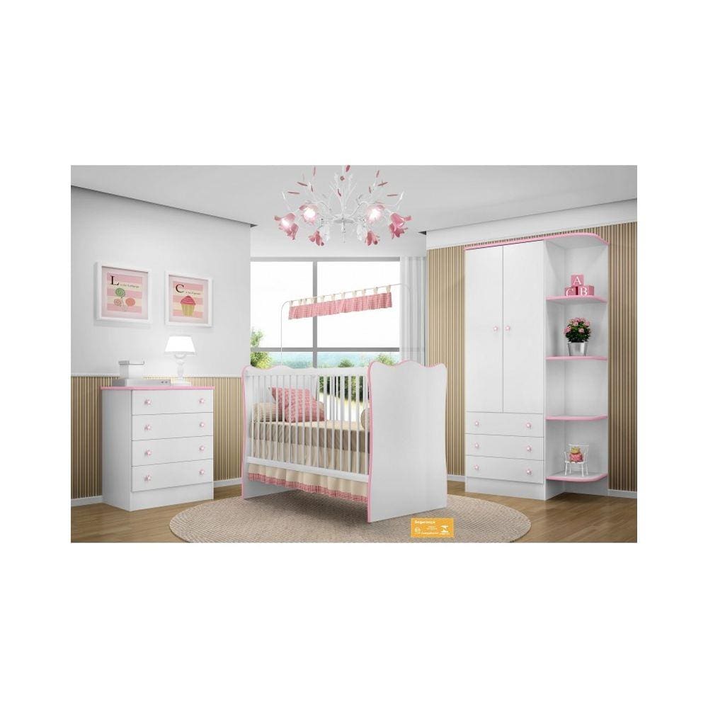 Jogo de Quarto de Bebê Doce Sonho com Berço, Guarda-Roupas e Cômoda - QMovi
