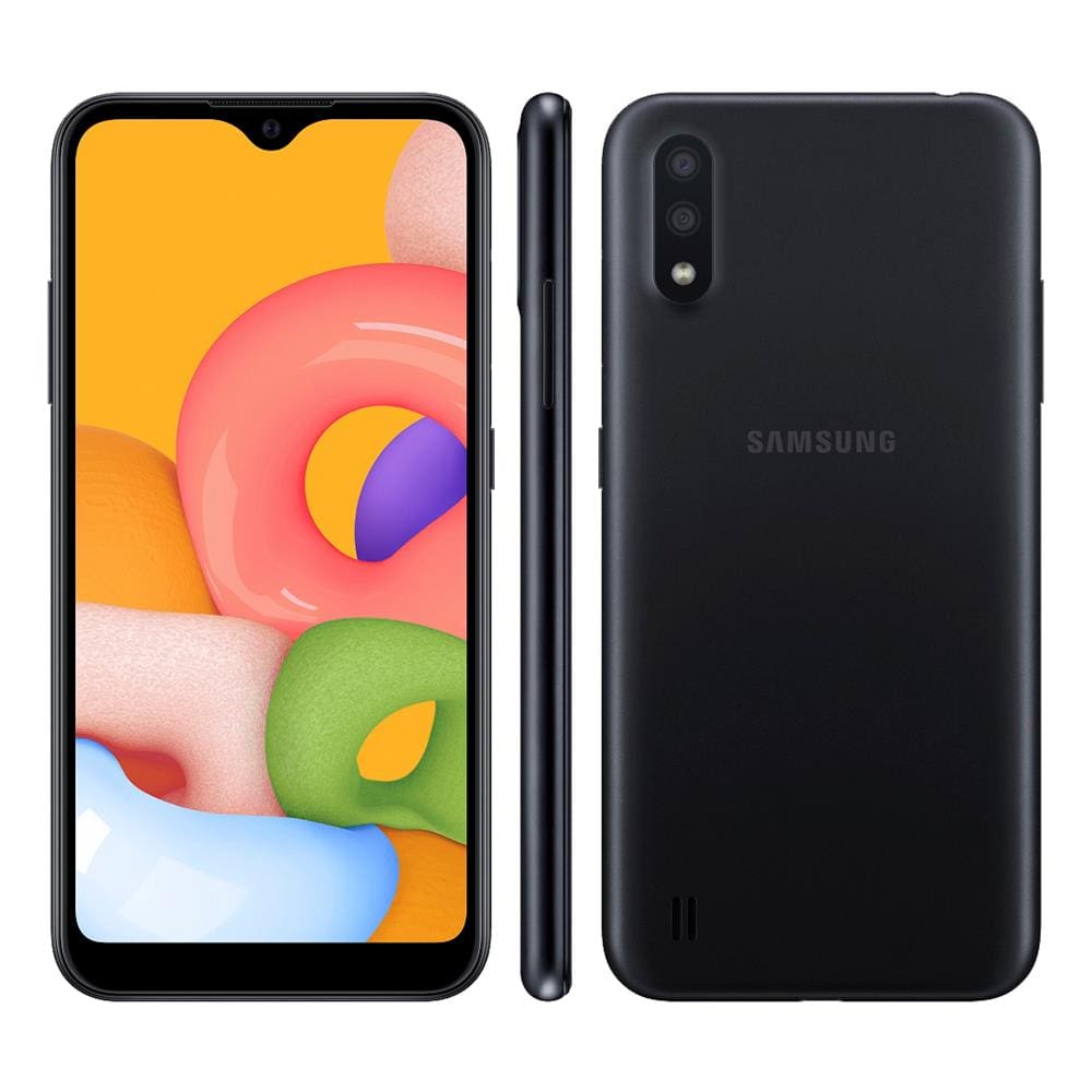 Smartphone Samsung Galaxy A01 Preto 32GB, Tela Infinita de 5.7”, Câmera Traseira Dupla, Android 10.0, Dual Chip e Processador Octa-Core