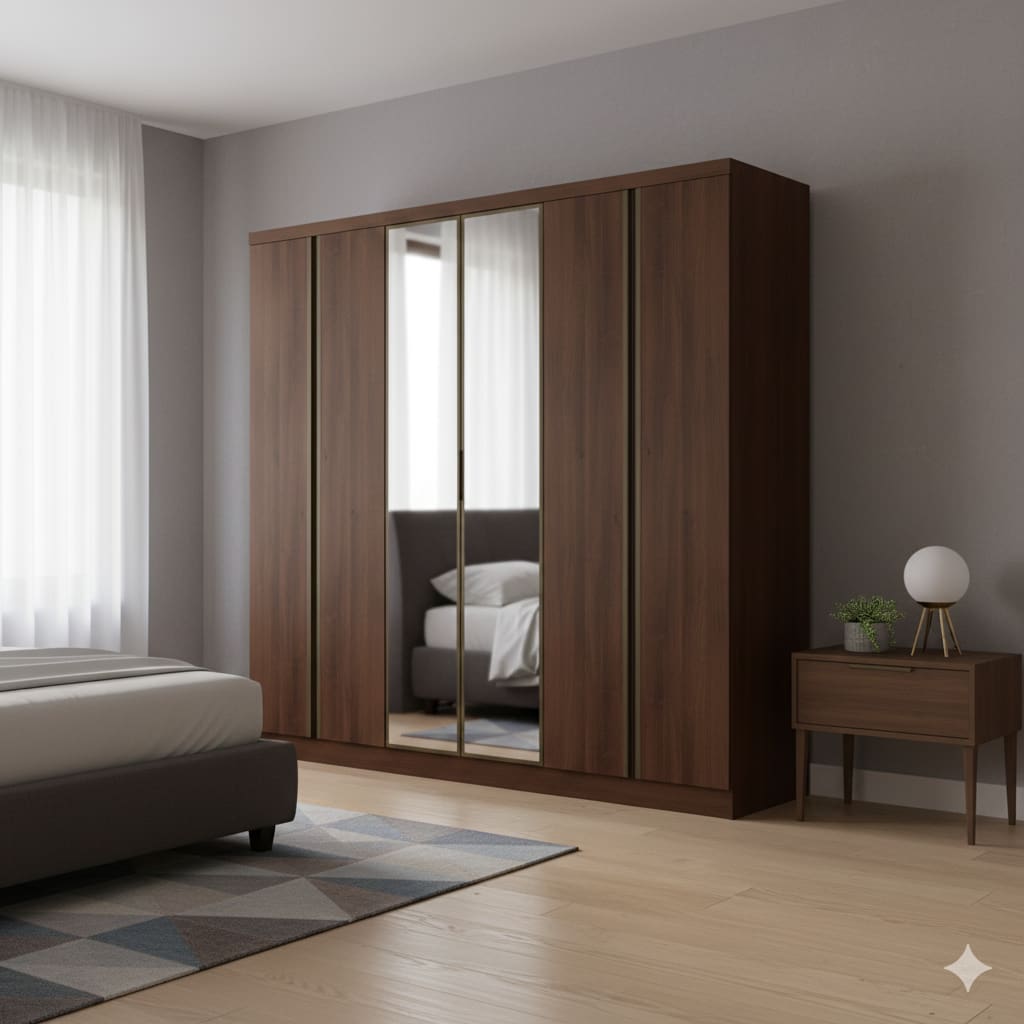 Guarda-Roupa Casal Bartira Monte Rei 6 Portas de Bater com Espelho 6 Gavetas Internas MDP - 238cm de Largura - Café/Avelã