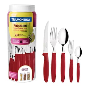 Faqueiro Tramontina Ipanema em Aço Inox e Polipropileno com Pote Vermelho – 30 Peças