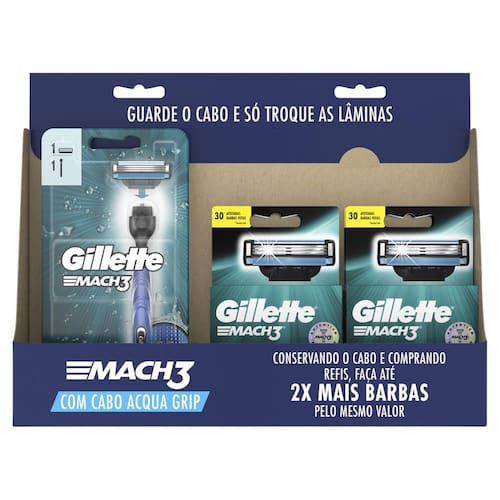Kit 2 Aparelhos de Barbear Gillette Mach3 Acqua-Grip + 4 Cargas Gillette Mach3 Menor preço em Kit 2 Aparelhos de Barbear Gillette Mach3 Acqua-Grip + 4 Cargas Gillette Mach3