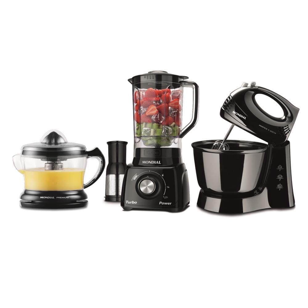 Conjunto Especial Mondial KT-105-B (Espremedor Premium + Batedeira Prática + Liquidificador Turbo Power) - Preto - 220V