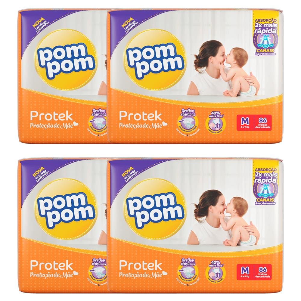 Kit 4 Pacotes Fralda Pom Pom Protek Derma Hiper M 86 Unidades