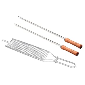 Conjunto de Grelha para Coraçãozinho e Espetos Simples Utimil em Aço Cromado, Aço Inox e Madeira – 3 Peças