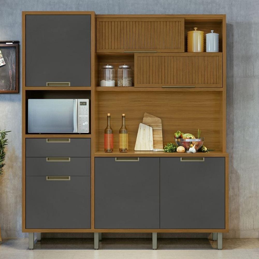 Cozinha Compacta em MDF Loft Nesher Imperatriz com 6 Portas, 2 Gavetas, 11 Prateleiras - 183cm de largura - Freijó/Grafite