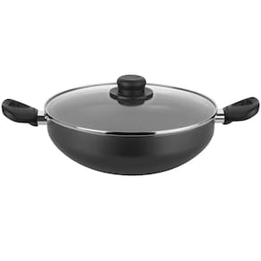 Frigideira Wok com Alças Multiflon em Alumínio com Revestimento Antiaderente e Tampa de Vidro com Saída de Vapor 28 cm - Grafite