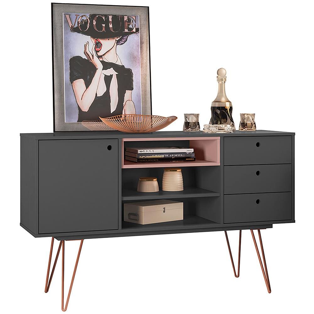Buffet Olivar Retrô Metal Taranto com 1 Porta, 3 Gavetas e 2 Prateleiras - Grafito/Rose