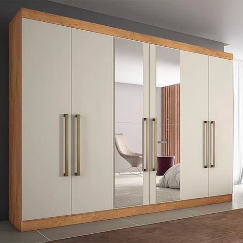 imagem-Guarda-Roupa Casal Made Marcs Bergone com 6 Portas, 6 Gavetas, 7 Prateleiras e Espelho - 274 cm de Largura - Amendôa/Off White