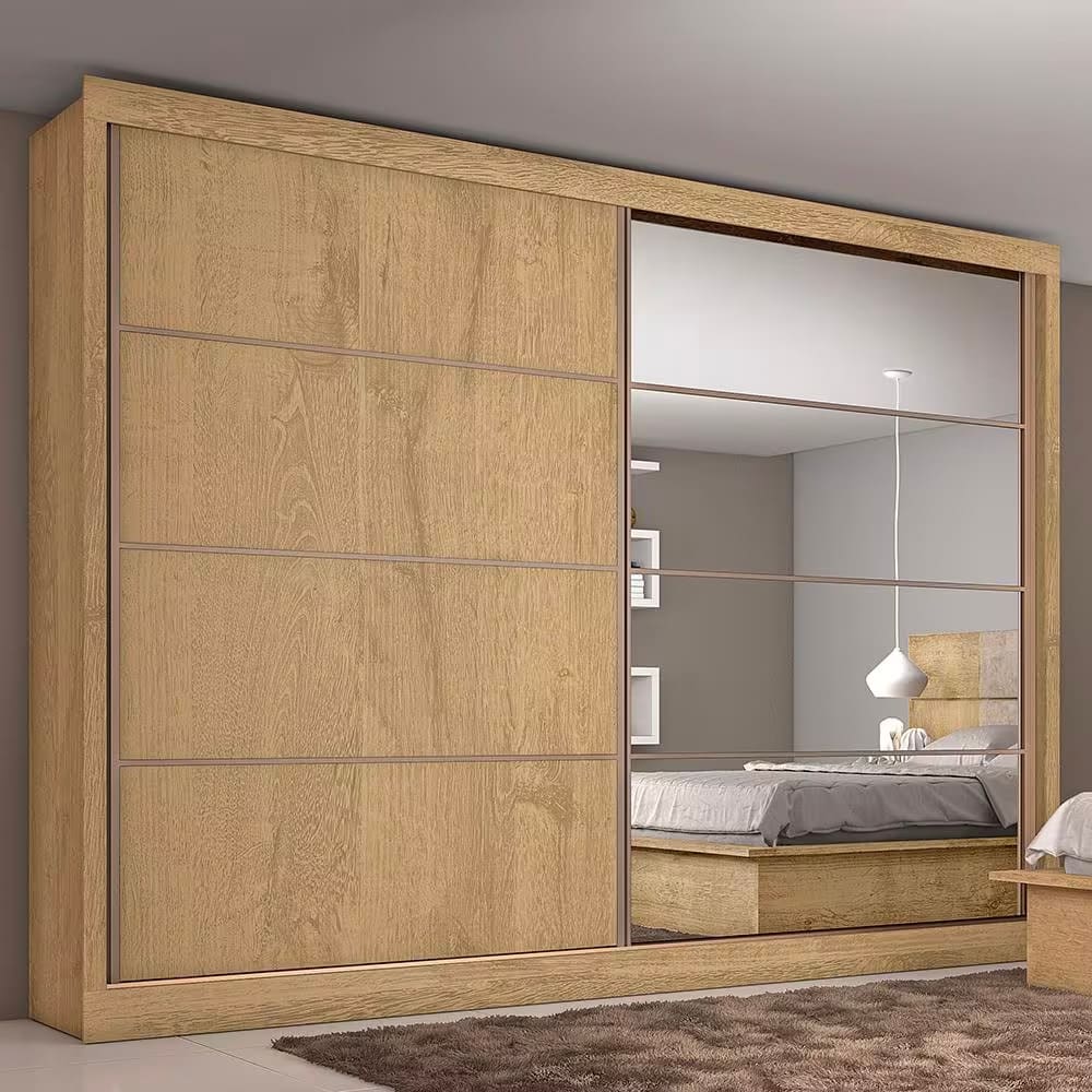 Guarda-Roupa Casal Mademarques Sevilha Flex com 228 cm Largura, 2 Portas, 6 Gavetas, 10 Prateleiras e Espelho - Amendôa/Off White/Amendôa