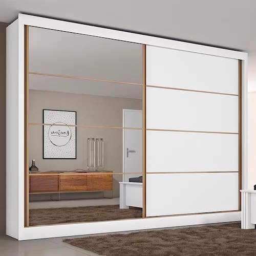 imagem-Guarda-Roupa Casal Mademarques Sevilha Flex com 228 cm Largura, 2 Portas, 6 Gavetas, 10 Prateleiras e Espelho - Branco Acetinado