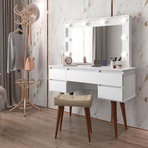 imagem-Penteadeira Camarim Patrimar Strass com 5 Gavetas, Espelho e Banqueta - Branco