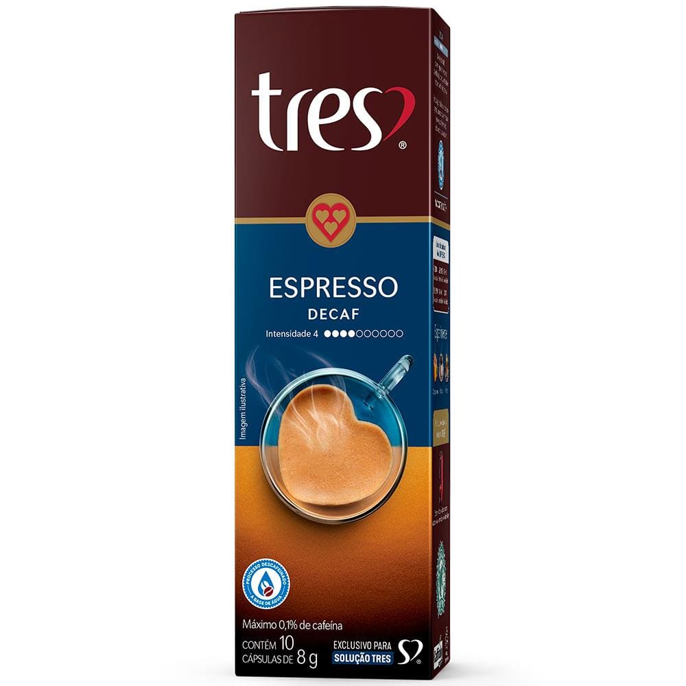 Cápsula de Café Espresso Descafeinado TRES 3 Corações Caixa com 10 Cápsulas