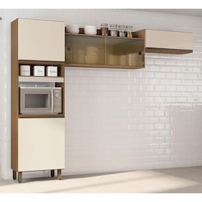 Cozinha Compacta Poliman Porto com 5 Portas e 2 Prateleiras - 260cm de largura - Carvalho/Off White