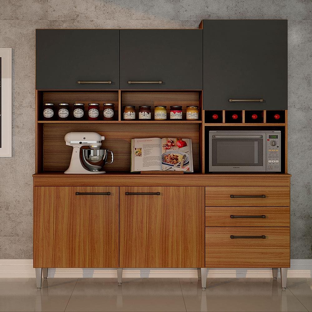 Cozinha Compacta CHF Móveis Ébano em MDP 15mm com Adega, 6 Portas, 2 Gavetas e 3 Prateleiras - 181,5cm de largura - Carvalho/Grafite